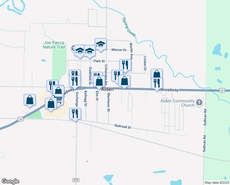 map of restaurants, bars, coffee shops, grocery stores, and more near 13349 Broadway in Alden