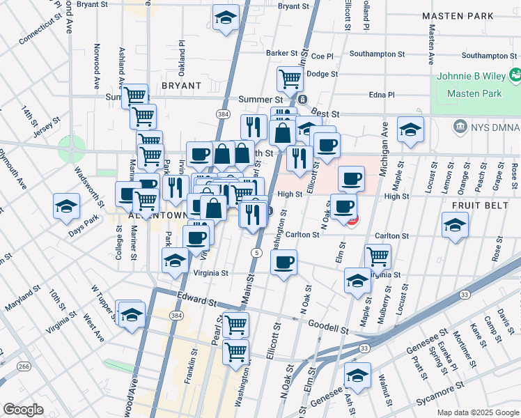 map of restaurants, bars, coffee shops, grocery stores, and more near 960 Main Street in Buffalo
