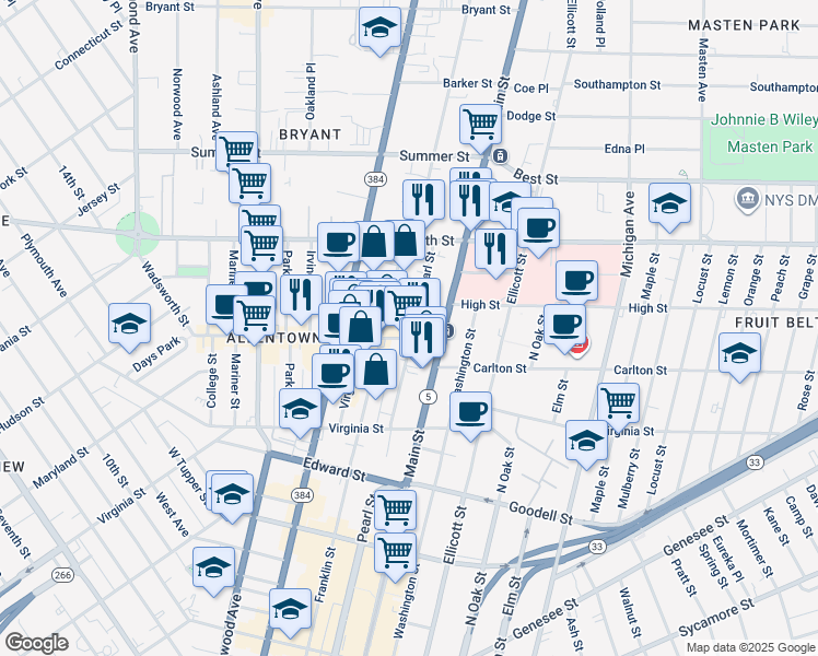 map of restaurants, bars, coffee shops, grocery stores, and more near 505 Franklin Street in Buffalo
