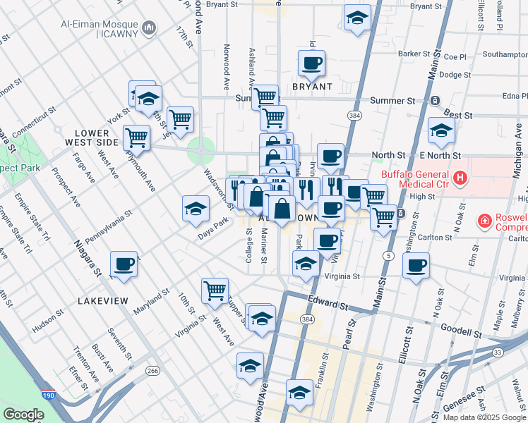 map of restaurants, bars, coffee shops, grocery stores, and more near 116 Elmwood Avenue in Buffalo