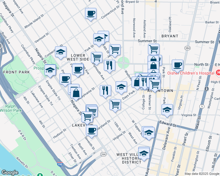 map of restaurants, bars, coffee shops, grocery stores, and more near 33 Plymouth Avenue in Buffalo