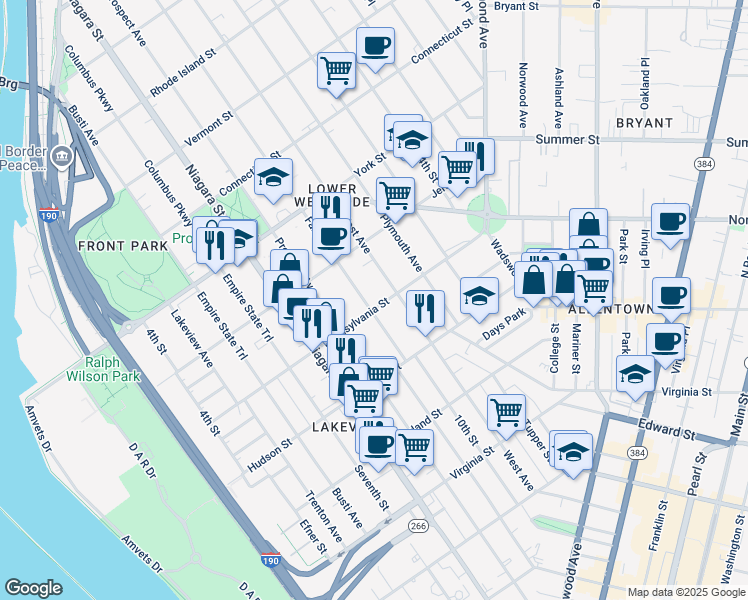 map of restaurants, bars, coffee shops, grocery stores, and more near in Buffalo