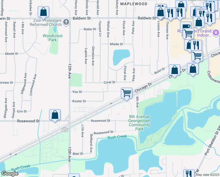 map of restaurants, bars, coffee shops, grocery stores, and more near 970 Coral Street in Georgetown Township