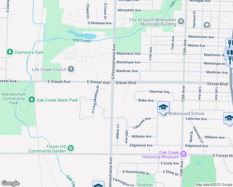 map of restaurants, bars, coffee shops, grocery stores, and more near 3205 Nicholson Avenue in South Milwaukee