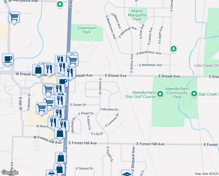 map of restaurants, bars, coffee shops, grocery stores, and more near 425 East Evandale Drive in Oak Creek