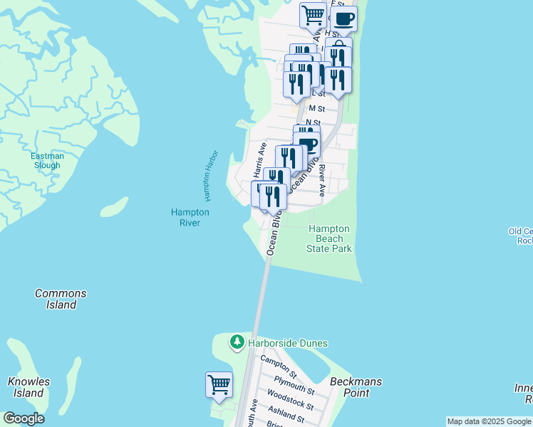 map of restaurants, bars, coffee shops, grocery stores, and more near 511 Ocean Boulevard in Hampton