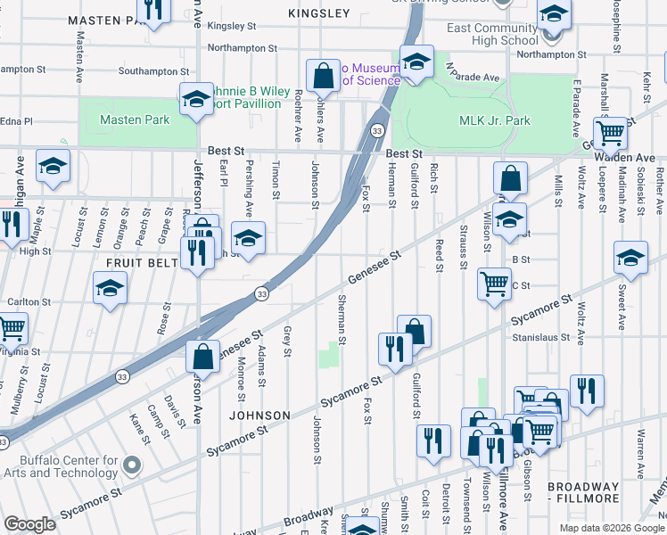 map of restaurants, bars, coffee shops, grocery stores, and more near 571 High Street in Buffalo
