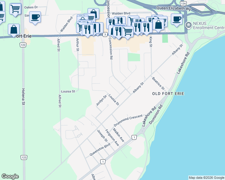 map of restaurants, bars, coffee shops, grocery stores, and more near in Fort Erie