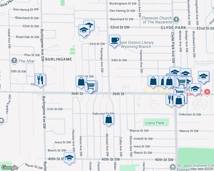 map of restaurants, bars, coffee shops, grocery stores, and more near 3531 Michael Avenue Southwest in Wyoming
