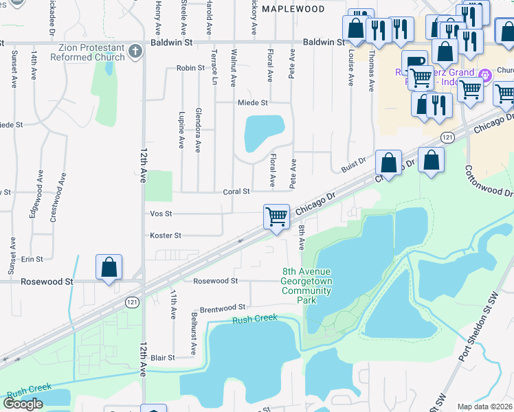 map of restaurants, bars, coffee shops, grocery stores, and more near 902 Coral Street in Georgetown Township