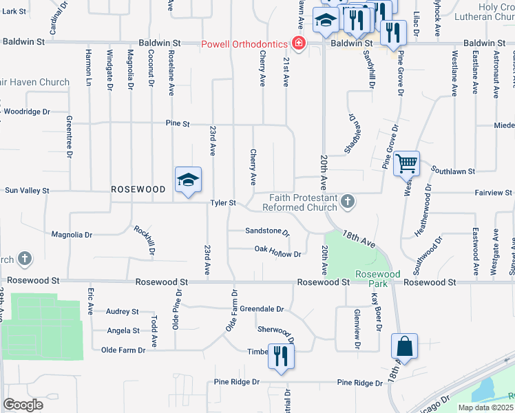 map of restaurants, bars, coffee shops, grocery stores, and more near 2168 Pine Aire Drive Southwest in Georgetown Township