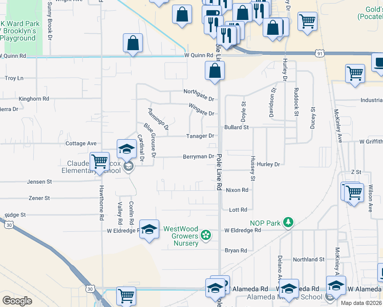 map of restaurants, bars, coffee shops, grocery stores, and more near 882 Berryman Road in Pocatello