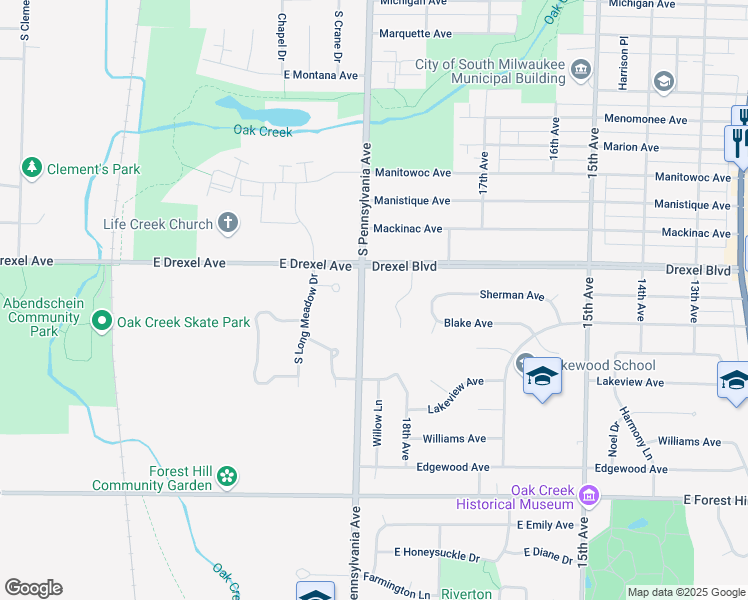 map of restaurants, bars, coffee shops, grocery stores, and more near 3205 Nicholson Avenue in South Milwaukee