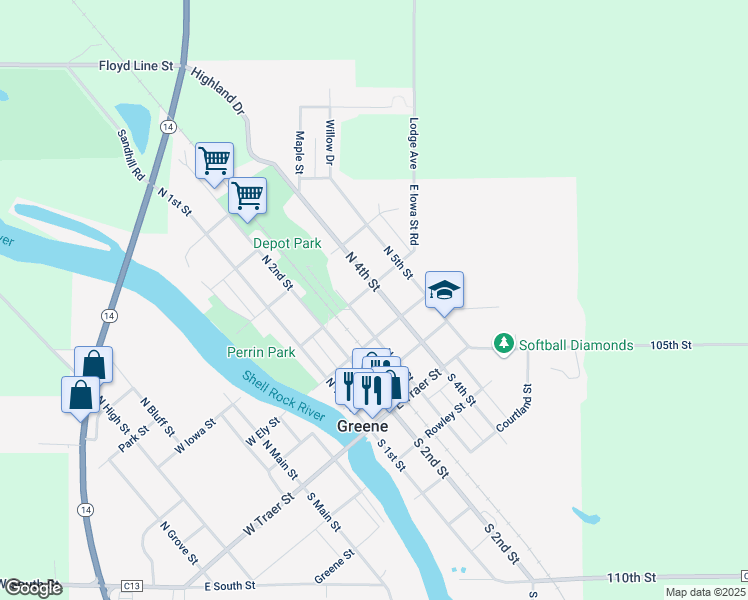 map of restaurants, bars, coffee shops, grocery stores, and more near 300-314 Iowa Street in Greene