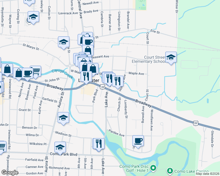 map of restaurants, bars, coffee shops, grocery stores, and more near 5470 Broadway in Lancaster