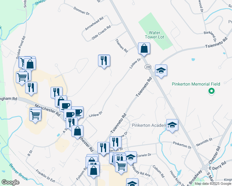 map of restaurants, bars, coffee shops, grocery stores, and more near 18 Linlew Drive in Derry