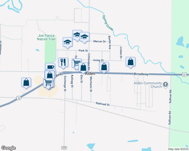 map of restaurants, bars, coffee shops, grocery stores, and more near 13349 Broadway in Alden