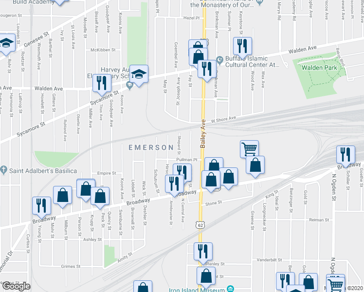 map of restaurants, bars, coffee shops, grocery stores, and more near 118 Shepard Street in Buffalo