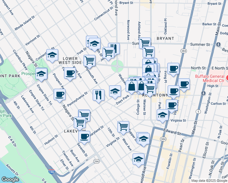 map of restaurants, bars, coffee shops, grocery stores, and more near 356 Hudson Street in Buffalo