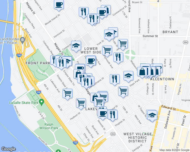 map of restaurants, bars, coffee shops, grocery stores, and more near 102 Fargo Avenue in Buffalo