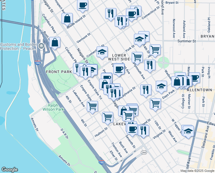 map of restaurants, bars, coffee shops, grocery stores, and more near 454 Prospect Avenue in Buffalo
