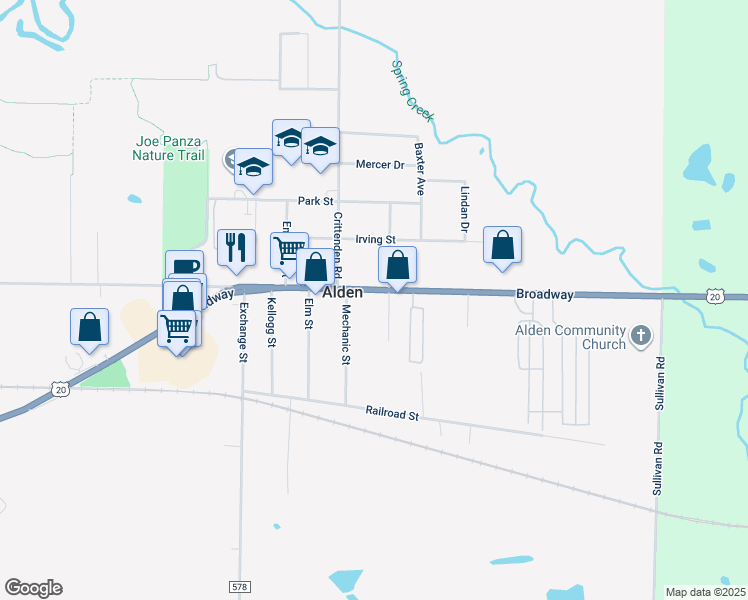 map of restaurants, bars, coffee shops, grocery stores, and more near 13349 Broadway in Alden