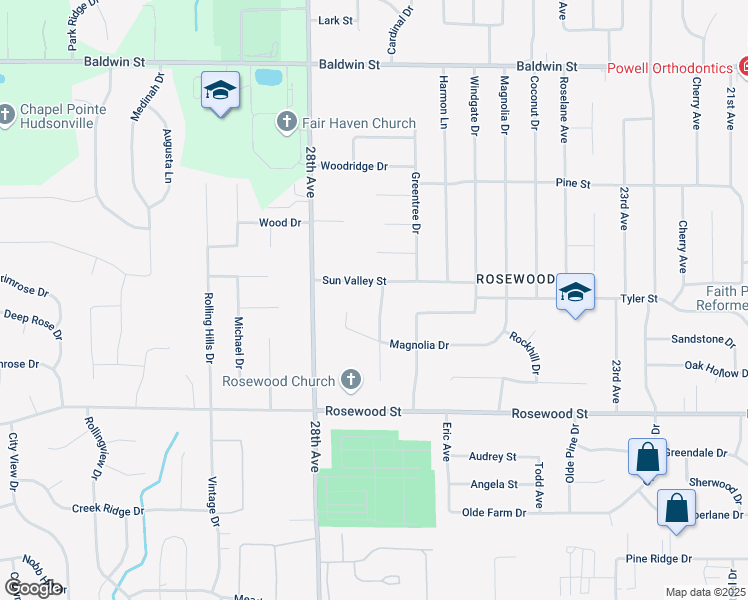 map of restaurants, bars, coffee shops, grocery stores, and more near 7185 Churchill Street in Georgetown Township