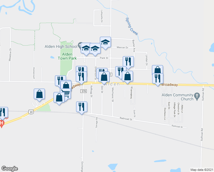 map of restaurants, bars, coffee shops, grocery stores, and more near 13295 Broadway in Alden