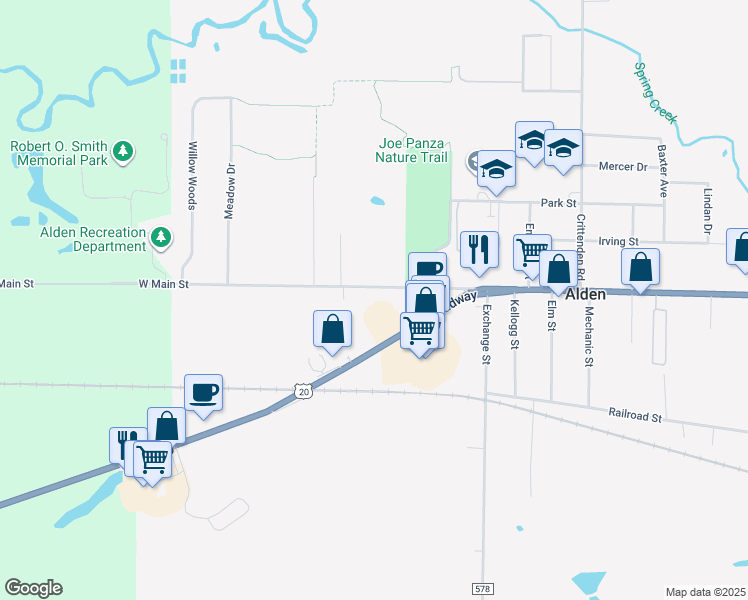 map of restaurants, bars, coffee shops, grocery stores, and more near 13067 West Main Street in Alden