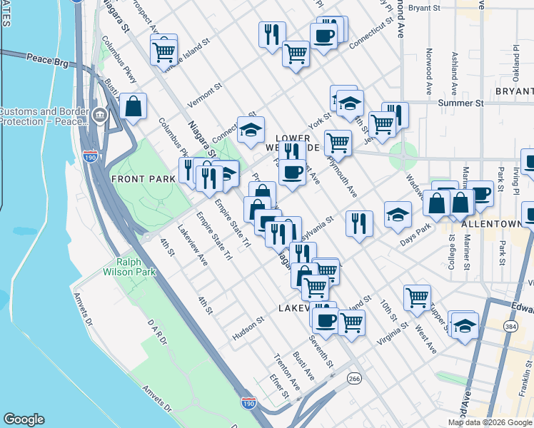 map of restaurants, bars, coffee shops, grocery stores, and more near 181 Jersey Street in Buffalo