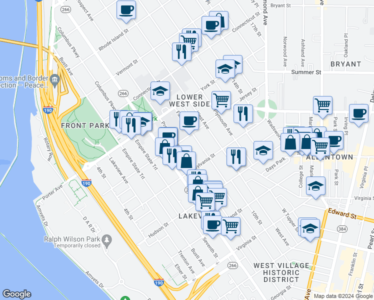 map of restaurants, bars, coffee shops, grocery stores, and more near 443 Prospect Avenue in Buffalo