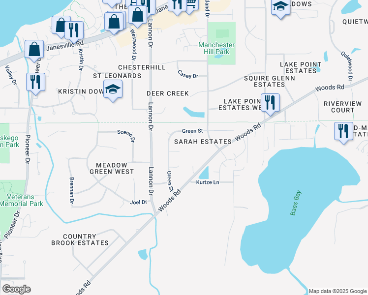 map of restaurants, bars, coffee shops, grocery stores, and more near S79W16988 Dlynn Court in Muskego