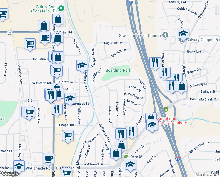 map of restaurants, bars, coffee shops, grocery stores, and more near 1412 Lavine Drive in Pocatello