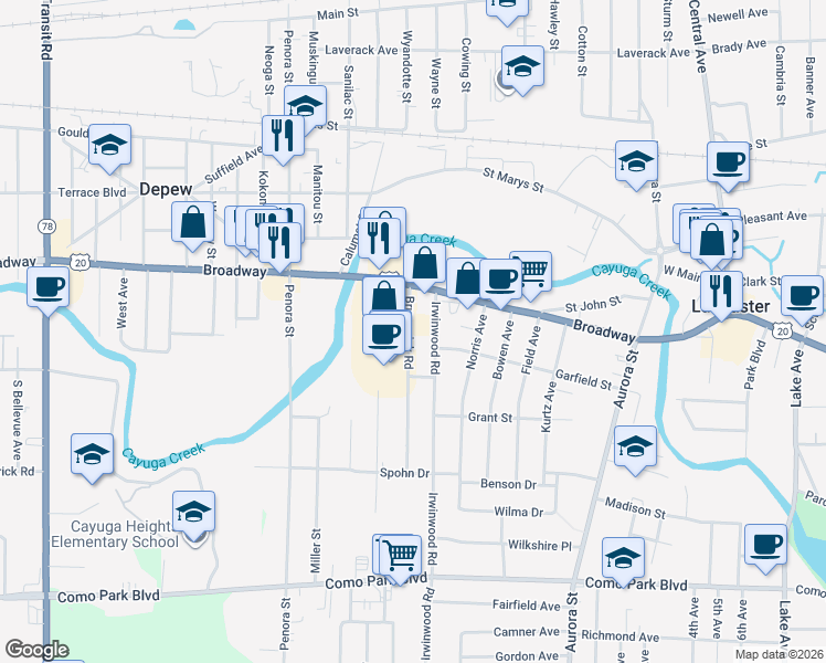 map of restaurants, bars, coffee shops, grocery stores, and more near 30 Brunswick Rd in Depew