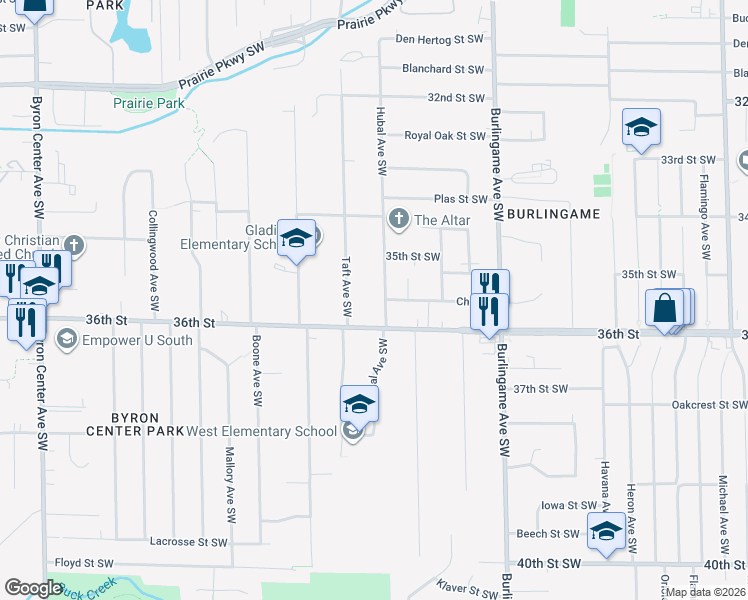map of restaurants, bars, coffee shops, grocery stores, and more near 3519 Hubal Avenue Southwest in Wyoming
