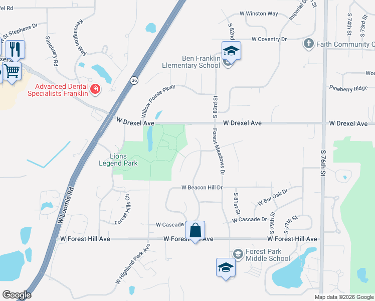 map of restaurants, bars, coffee shops, grocery stores, and more near 8520 Woodfield Court in Franklin