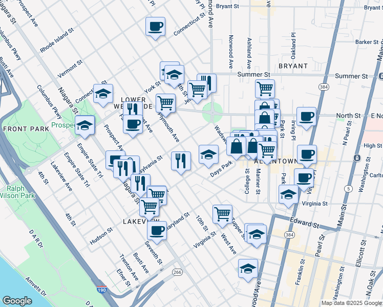 map of restaurants, bars, coffee shops, grocery stores, and more near 33 Plymouth Avenue in Buffalo