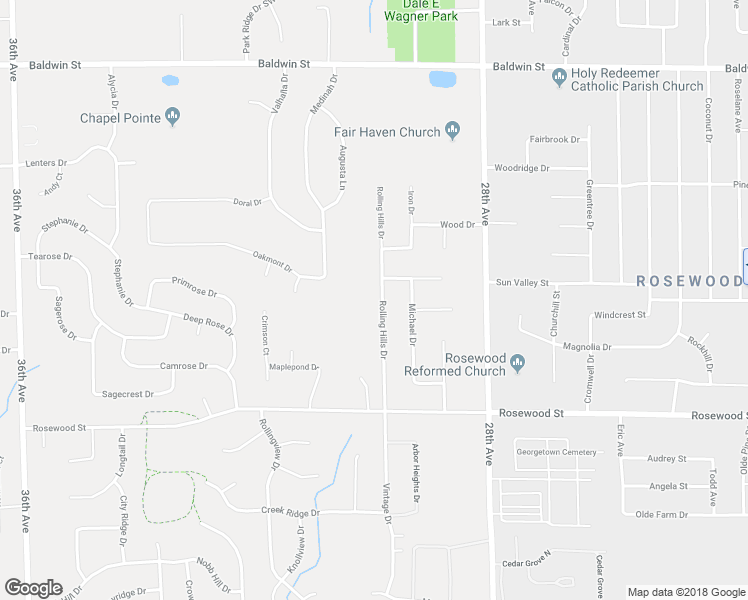 map of restaurants, bars, coffee shops, grocery stores, and more near 7193 Rolling Hills Drive in Hudsonville
