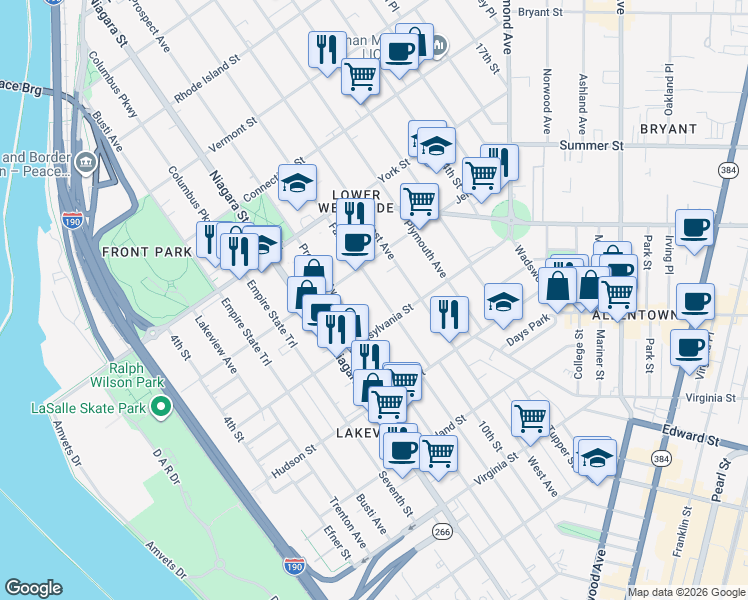 map of restaurants, bars, coffee shops, grocery stores, and more near 102 Fargo Avenue in Buffalo