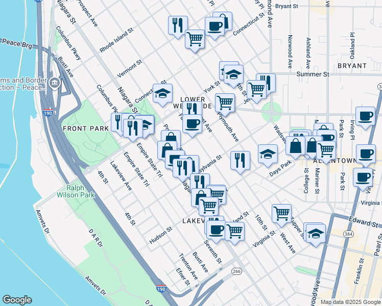 map of restaurants, bars, coffee shops, grocery stores, and more near 102 Fargo Avenue in Buffalo