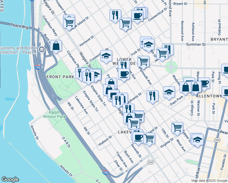 map of restaurants, bars, coffee shops, grocery stores, and more near 454 Prospect Avenue in Buffalo