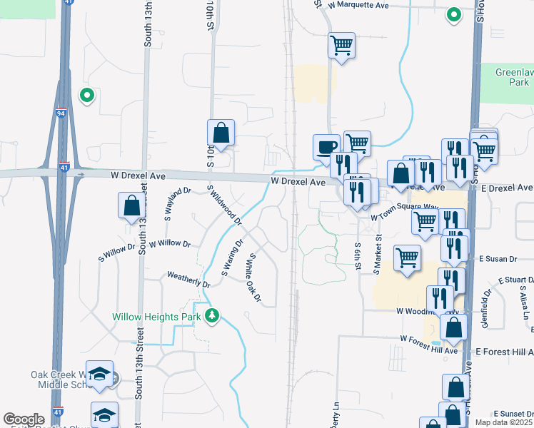map of restaurants, bars, coffee shops, grocery stores, and more near 8020 South Wildwood Drive in Oak Creek