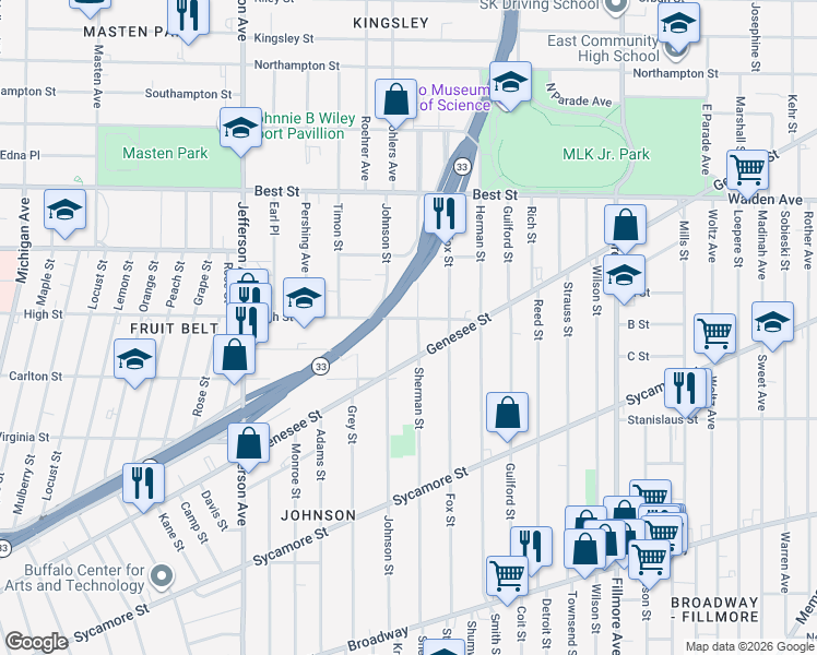 map of restaurants, bars, coffee shops, grocery stores, and more near 571 High Street in Buffalo