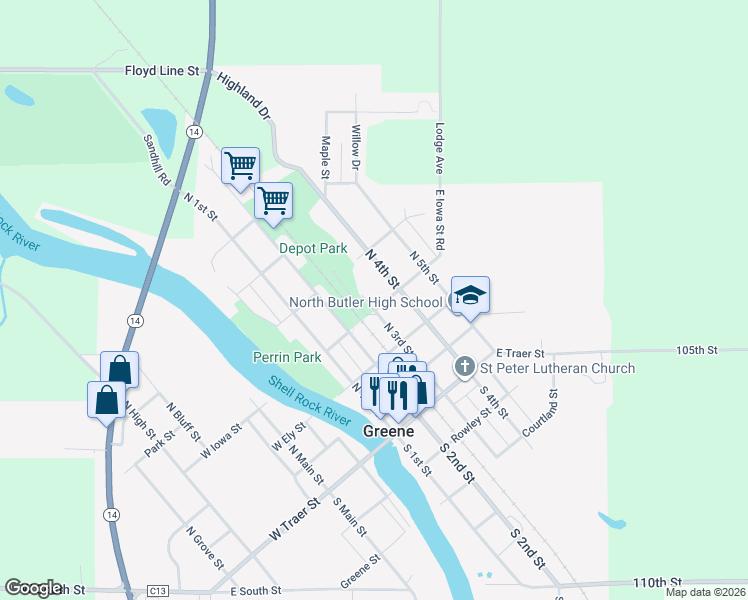 map of restaurants, bars, coffee shops, grocery stores, and more near 301 East Iowa Street in Greene