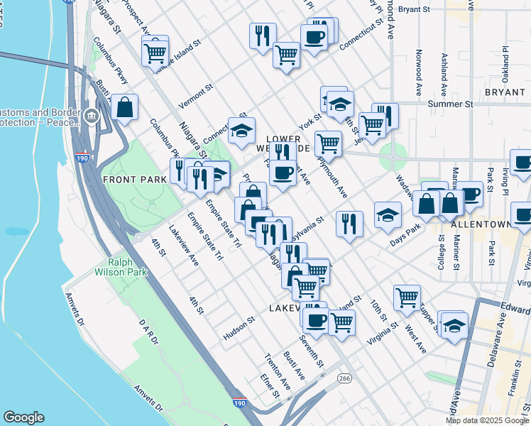 map of restaurants, bars, coffee shops, grocery stores, and more near 454 Prospect Avenue in Buffalo