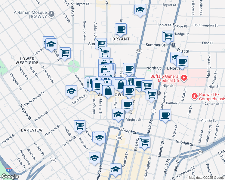 map of restaurants, bars, coffee shops, grocery stores, and more near 108 Park Street in Buffalo