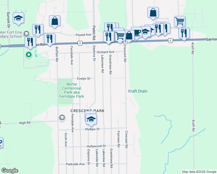 map of restaurants, bars, coffee shops, grocery stores, and more near 881 Grandview Road in Fort Erie