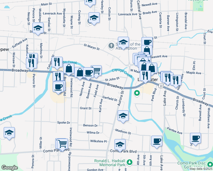 map of restaurants, bars, coffee shops, grocery stores, and more near 5303 U.S. 20 in Lancaster