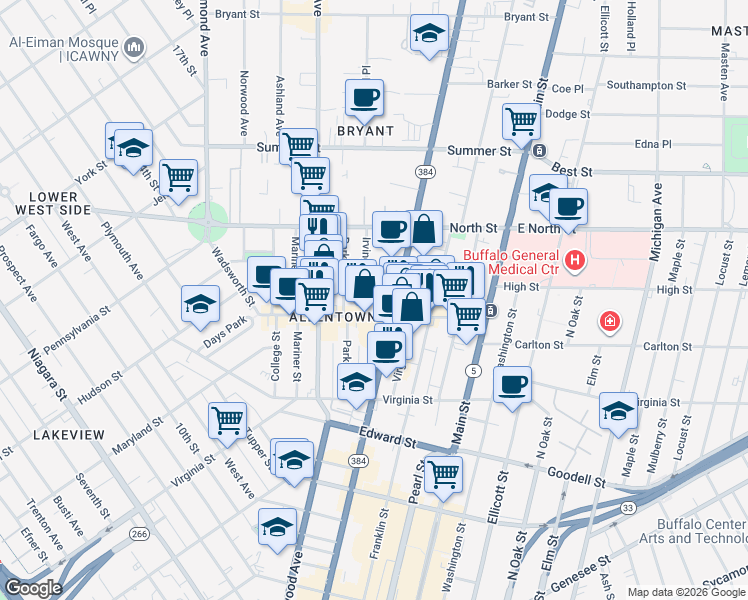 map of restaurants, bars, coffee shops, grocery stores, and more near 21 Irving Place in Buffalo