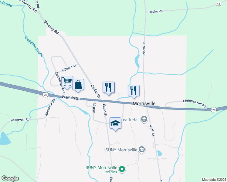 map of restaurants, bars, coffee shops, grocery stores, and more near 55 Main Street in Morrisville